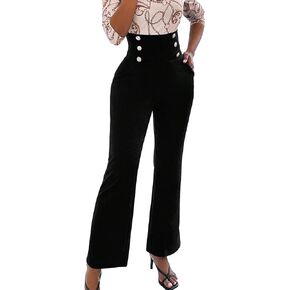 OYOANGLE Women's Elegant Button Front High Waist Flare Leg Pants Work Office Trousers