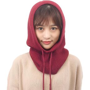 1 Pack Winter Hats for Women Balaclava Knit Beanie with Ajustable Drawstring Warm Hooded Scarf Skull Cap