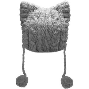 BIBITIME Winter Women's Hat Pussy Cat Ear Beanie Braided Pompom Balls Knit Cap
