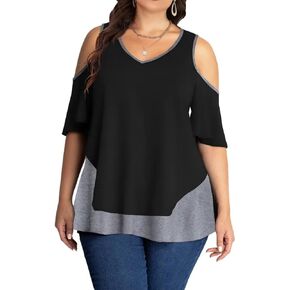 AMCLOS Womens Plus Size Tops Cold Shoulder V Neck T Shirt Short Sleeve Summer Casual Tunic