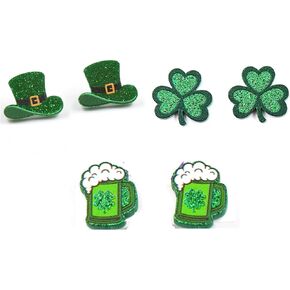 St. Patrick's Day Earrings Set Green Lucky Clover Acrylic Stud Earrings for Women Girls Lightweight Cute Irish Shamrock Drink Beer Hat Rainbow Heart Gnome Wooden Earrings Holiday Jewelry Gifts