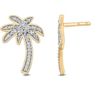 1/20cttw Diamond Palm Tree Stud Earrings for Women in 18k 1-micron Yellow Gold-Plate, 18k 1-micron Rose Gold-Plate or 925 Sterling Silver, Women's Stud Earrings with Palm Trees and Round Diamonds