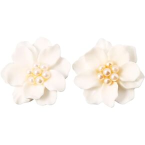 Guoshang Women White Flowers Polymer Clay Earrings Ear Studs Summer Beach Earrings, 1 Pair