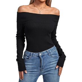 Rooscier Women's Ribbed Off Shoulder Long Sleeve Slim Fit Casual Tee Crop Top