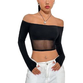 SOLY HUX Women's Contrast Mesh Crop Tops Off Shoulder Long Sleeve Slim Fitted Tee T Shirts