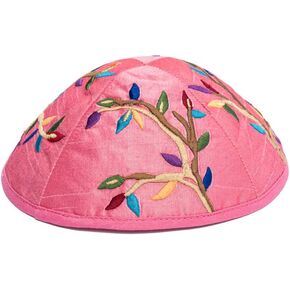 Yair Emanuel Kippah - Embroidered - Tree of Life - Pink