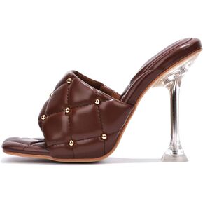 Cape Robbin Cecilla Sexy Quilted Stiletto High Heels for Women, Clear Slip On Heeled Mule Shoes with Balls Decoration