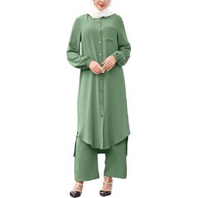 AWIBMK Abayas for Women Muslim Long Sleeve Button Shirt and Pants 2 Pieces Sets Dubai Islamic Prayer Casual Ramadan Outfits