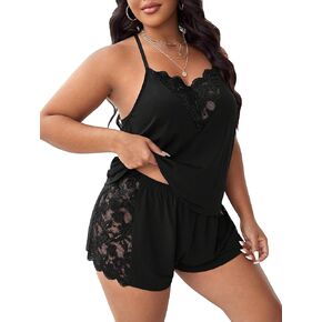 OYOANGLE Women's Plus Size 2 Piece Pajama Set Floral Lace Cami Tank Top and Shorts Set Sleepwear
