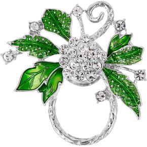 NOUMANDA Women Summer Style Clear Crystal Flower Green Leaves Magnetic Eyeglass Holder Brooch Pin Jewelry