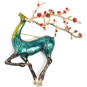 Vintage Green Deer Brooch Pin for Women Girl Men Enamel Plum Blossom Deers Horn Exaggerated Fashion Cartoon Animal Lapel Pins Dress Accessories Unisex Delicacy Birthday Christmas Party Jewelry Gift