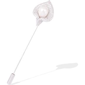 Women Crystal Rhinestone Calla Lily Floral Boutonniere Lapel Stick Pin Brooch Cardigan Scarf Tie Pin Pearl Flower Breastpin Wedding Party Jewelry