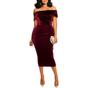 ECHOINE Womens Velvet Long Sleeve Midi Dress Sexy Off Shoulder Bodycon Wrap Cocktail Party Dresses