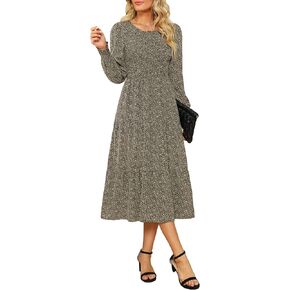 Maggeer Women Fall Long Sleeve Smocked Bodice and Cuffs Floral Tiered Midi Dress with Pockets in Kuwait