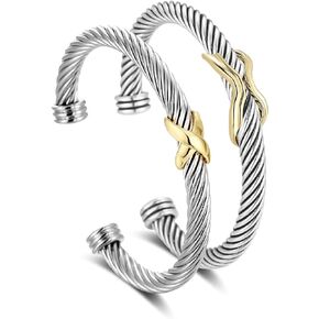 NANDUDU 2 Pcs Cuff Bracelet for Women Twisted Two Tone Bangle, Cable Wire Bracelet Knot Stainless Steel Silver Cuff Vintage Bracelets Jewelry