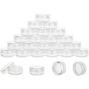 50 Count 3 Gram Sample Containers, Clear Lip Balm Containers with Lids, Small Plastic Sample Jars with 4 Mini Spoons, 50pcs Labels (Clear Lid)