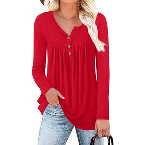 Aodemo Women's 2024 Fall Henley V Neck Button Up Tunic Ladies Loose Fit Tops Flowy Long Sleeve Winter Blouse