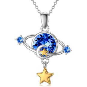 Planet Necklace Sterling Silver Blue Crystal Planet Pendant Necklace Jewelry Gift for Women Girl