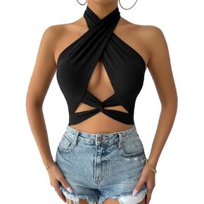 Verdusa Women's Twist Front Cut Out Sleeveless Wrap Crop Halter Top