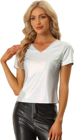 Allegra K Christmas Party Tops for Women's V Neck Short Sleeve Shiny Metallic Top in Saudi Arabia
