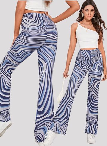 سروال رخام Rave للنساء - بناطيل بوهو مضيئة قابلة للتمدد بأرجل واسعة من السبعينيات، سراويل عالية الخصر، ملابس مهرجان الديسكو in Kuwait