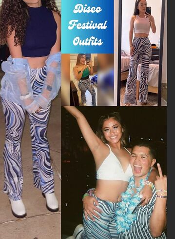 سروال رخام Rave للنساء - بناطيل بوهو مضيئة قابلة للتمدد بأرجل واسعة من السبعينيات، سراويل عالية الخصر، ملابس مهرجان الديسكو in Kuwait