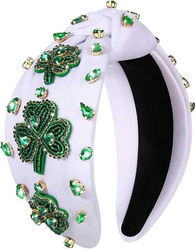 NVENF St.Patrick's Day Headband for Women Green Shamrock Knotted Headbands Rhinestone Crystal Lucky Leaf Embellished Wide Top Knot Headbands St.Patrick's Day Accessories Outfits Gifts (Leaf C) in Saudi Arabia