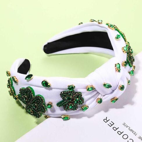 NVENF St.Patrick's Day Headband for Women Green Shamrock Knotted Headbands Rhinestone Crystal Lucky Leaf Embellished Wide Top Knot Headbands St.Patrick's Day Accessories Outfits Gifts (Leaf C) in Saudi Arabia
