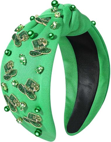 NVENF St.Patrick's Day Headband for Women Green Shamrock Knotted Headbands Rhinestone Crystal Lucky Leaf Embellished Wide Top Knot Headbands St.Patrick's Day Accessories Outfits Gifts (Leaf C) in Saudi Arabia