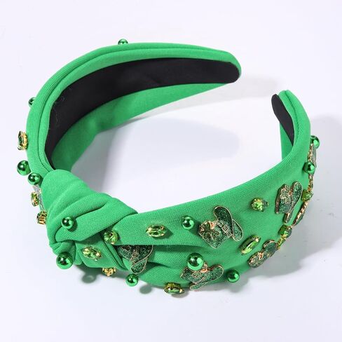 NVENF St.Patrick's Day Headband for Women Green Shamrock Knotted Headbands Rhinestone Crystal Lucky Leaf Embellished Wide Top Knot Headbands St.Patrick's Day Accessories Outfits Gifts (Leaf C) in Saudi Arabia