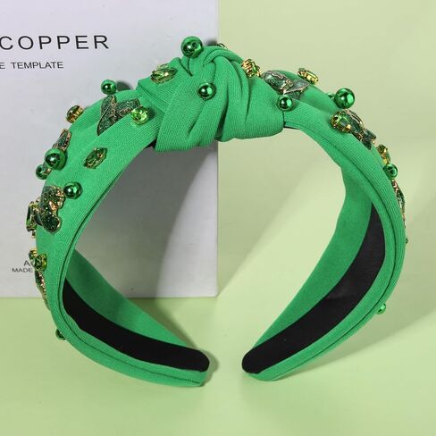 NVENF St.Patrick's Day Headband for Women Green Shamrock Knotted Headbands Rhinestone Crystal Lucky Leaf Embellished Wide Top Knot Headbands St.Patrick's Day Accessories Outfits Gifts (Leaf C) in Saudi Arabia