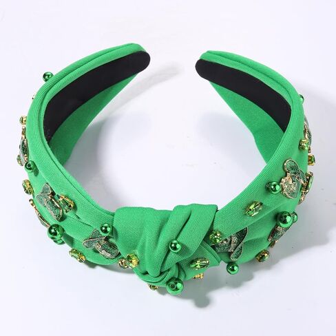 NVENF St.Patrick's Day Headband for Women Green Shamrock Knotted Headbands Rhinestone Crystal Lucky Leaf Embellished Wide Top Knot Headbands St.Patrick's Day Accessories Outfits Gifts (Leaf C) in Saudi Arabia