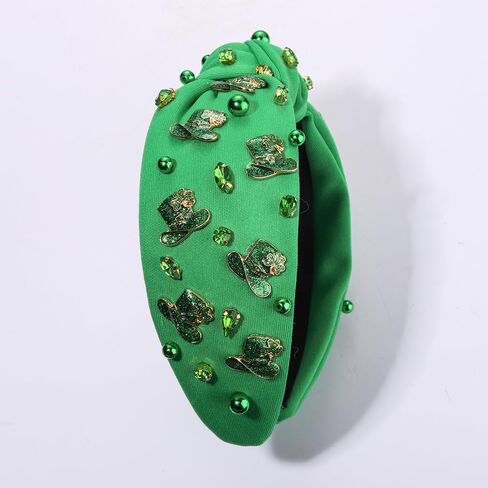 NVENF St.Patrick's Day Headband for Women Green Shamrock Knotted Headbands Rhinestone Crystal Lucky Leaf Embellished Wide Top Knot Headbands St.Patrick's Day Accessories Outfits Gifts (Leaf C) in Saudi Arabia