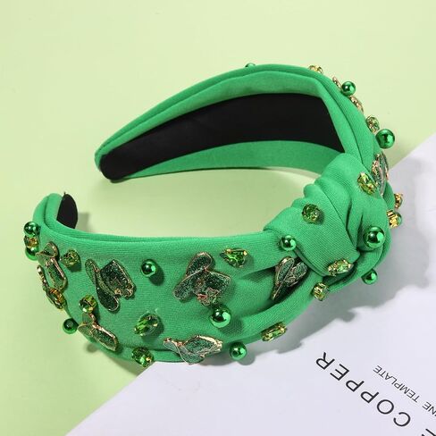 NVENF St.Patrick's Day Headband for Women Green Shamrock Knotted Headbands Rhinestone Crystal Lucky Leaf Embellished Wide Top Knot Headbands St.Patrick's Day Accessories Outfits Gifts (Leaf C) in Saudi Arabia