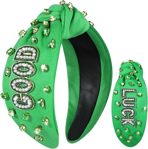 NVENF St.Patrick's Day Headband for Women Green Shamrock Knotted Headbands Rhinestone Crystal Lucky Leaf Embellished Wide Top Knot Headbands St.Patrick's Day Accessories Outfits Gifts (Leaf C) in Saudi Arabia