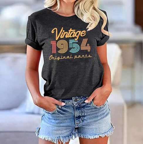 المرأة 70th عيد ميلاد تي شيرت خمر 1954 قمصان سبعين عيد ميلاد زهرة الجرافيك القمم عادية هدية عيد ميلاد قصيرة الأكمام المحملة in Kuwait