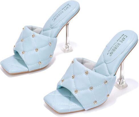 Cape Robbin Cecilla Sexy Quilted Stiletto High Heels for Women, Clear Slip On Heeled Mule Shoes with Balls Decoration in Kuwait