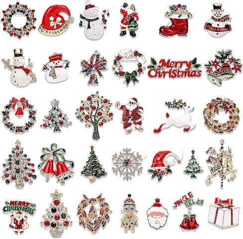 32 Pcs Christmas Pin Brooch Set for Women Multicolored Rhinestones Crystal Holiday Pins Including Santa Claus, Reindeer, Snowman for Christmas Jewelry Ornament Gifts in Saudi Arabia