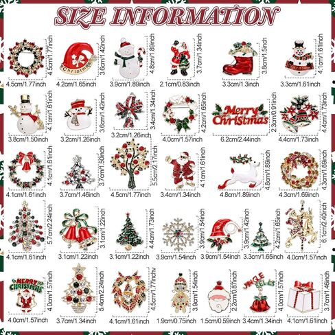 32 Pcs Christmas Pin Brooch Set for Women Multicolored Rhinestones Crystal Holiday Pins Including Santa Claus, Reindeer, Snowman for Christmas Jewelry Ornament Gifts in Saudi Arabia