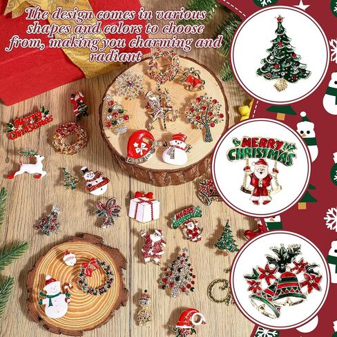 32 Pcs Christmas Pin Brooch Set for Women Multicolored Rhinestones Crystal Holiday Pins Including Santa Claus, Reindeer, Snowman for Christmas Jewelry Ornament Gifts in Saudi Arabia