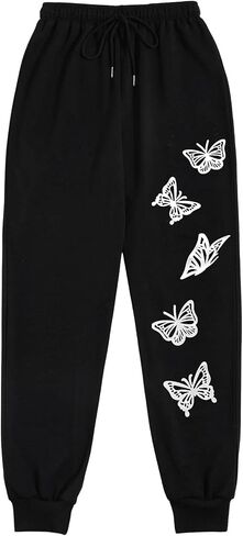 SweatyRocks المرأة مرونة الخصر Sweatpants الرسم اليوغا تجريب الركض السراويل فراشة طباعة الأسود in Saudi Arabia