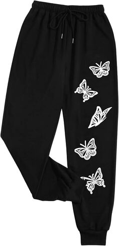 SweatyRocks المرأة مرونة الخصر Sweatpants الرسم اليوغا تجريب الركض السراويل فراشة طباعة الأسود in Saudi Arabia
