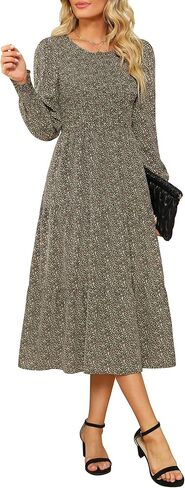 Maggeer Women Fall Long Sleeve Smocked Bodice and Cuffs Floral Tiered Midi Dress with Pockets in Kuwait