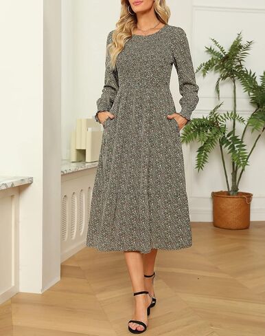 Maggeer Women Fall Long Sleeve Smocked Bodice and Cuffs Floral Tiered Midi Dress with Pockets in Kuwait