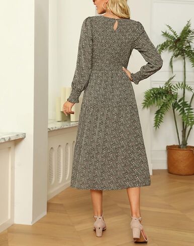 Maggeer Women Fall Long Sleeve Smocked Bodice and Cuffs Floral Tiered Midi Dress with Pockets in Kuwait