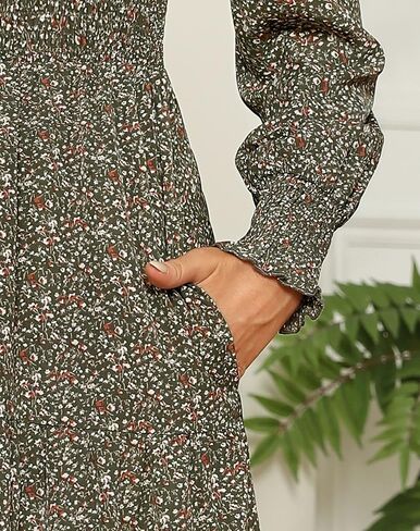 Maggeer Women Fall Long Sleeve Smocked Bodice and Cuffs Floral Tiered Midi Dress with Pockets in Kuwait