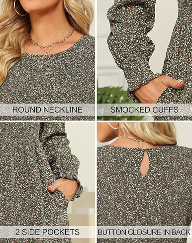 Maggeer Women Fall Long Sleeve Smocked Bodice and Cuffs Floral Tiered Midi Dress with Pockets in Kuwait