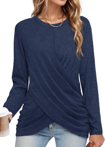 Pintimi إمرأة طويل الأكمام تونك قمم عارضة Crewneck تي شيرت الجبهة تويست الأعلى المحملة بلوزة لطماق in Kuwait