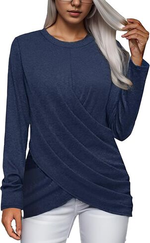 Pintimi إمرأة طويل الأكمام تونك قمم عارضة Crewneck تي شيرت الجبهة تويست الأعلى المحملة بلوزة لطماق in Kuwait