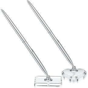 Chinco 2 Sets silver Guest Pen and Pen Stand, Including 2 Guest Pen Silver Metal Writing Pen with Black Refill 2 Acrylic Pen Base Stand for Wedding Engagement Party Business